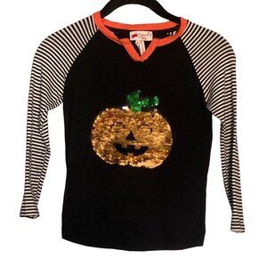 Poof! Girl Soft Long Sleeve Flip Sequin Pumpkin Shirt-Black/White-Size 5/6-GUC